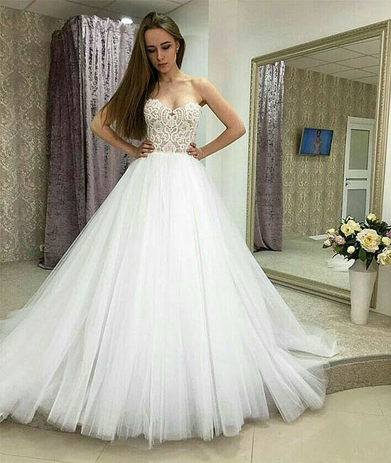 White sweetheart neck lace tulle long prom gown, lace evening dress - shdress